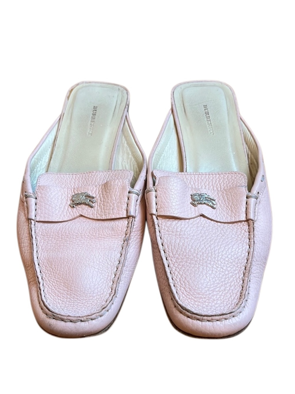 Burberry Blush Pink Leather Mule Loafers with Silver Logo
